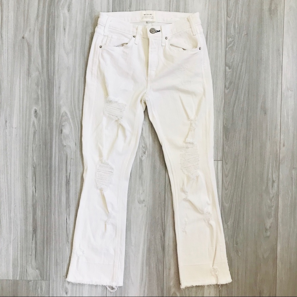 McGuire White Denim Distressed Raw Hem Flare Jeans Size 24